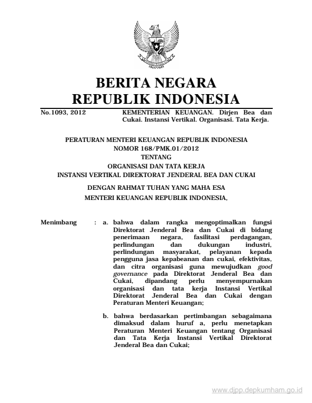 Peraturan Menteri Keuangan Nomor 168/PMK.01/2012