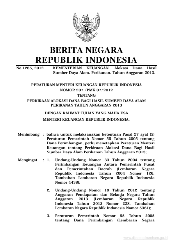 Peraturan Menteri Keuangan Nomor 207/PMK.07/2012