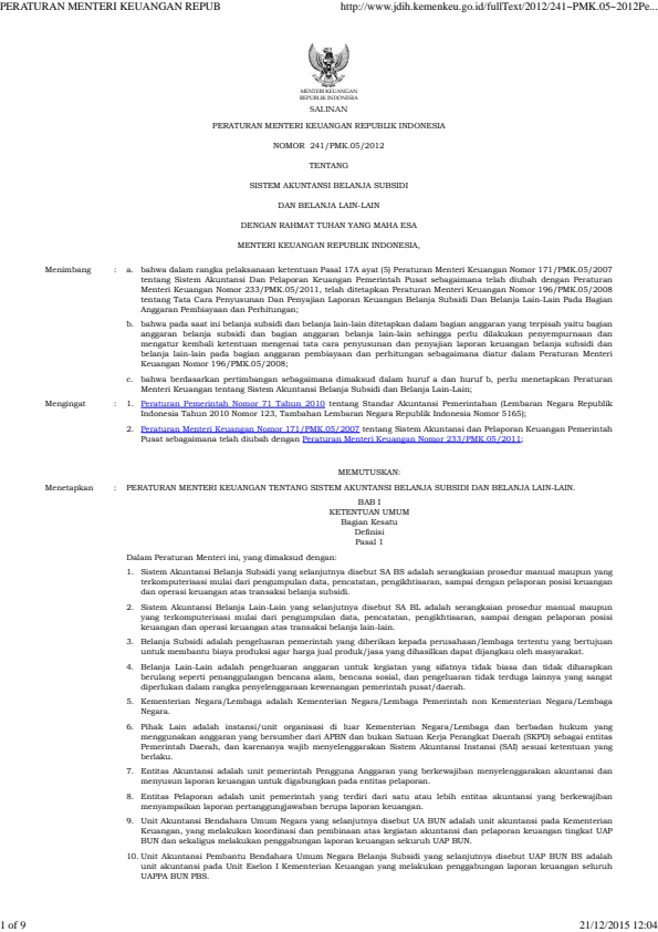 Peraturan Menteri Keuangan Nomor 241/PMK.05/2012