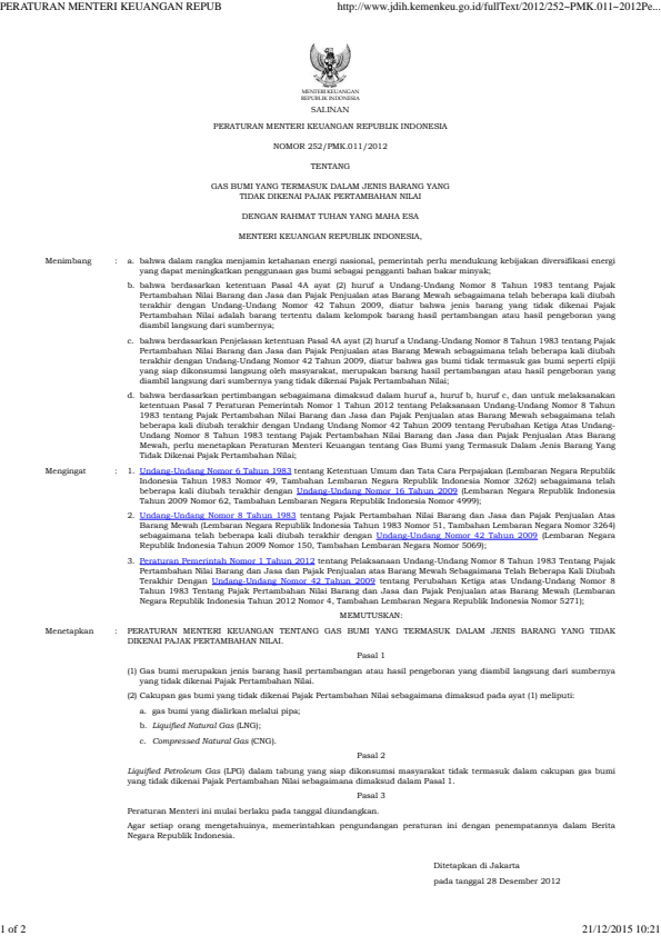 Peraturan Menteri Keuangan Nomor 252/PMK.011/2012