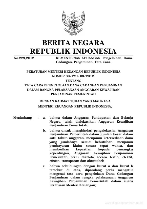 Peraturan Menteri Keuangan Nomor 30/PMK.08/2012