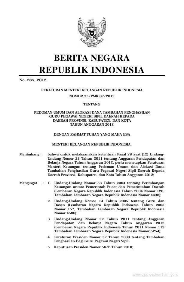 Peraturan Menteri Keuangan Nomor 35/PMK.07/2012