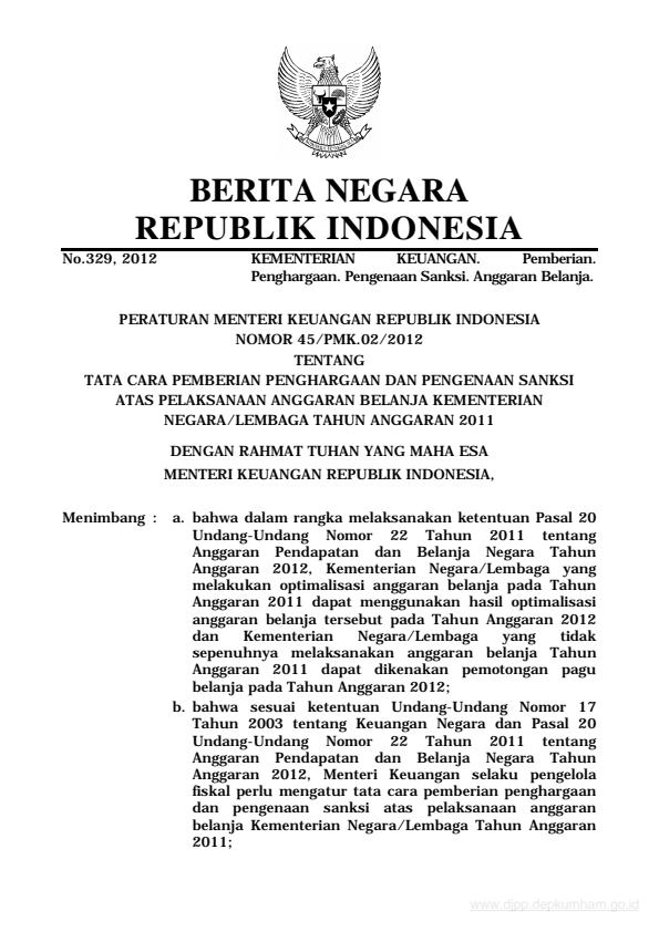 Peraturan Menteri Keuangan Nomor 45/PMK.02/2012