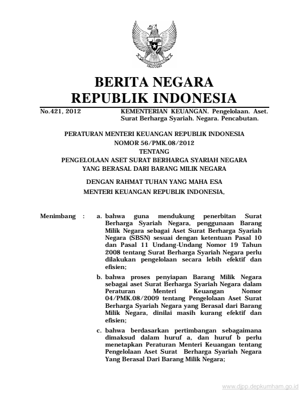 Peraturan Menteri Keuangan Nomor 56/PMK.08/2012