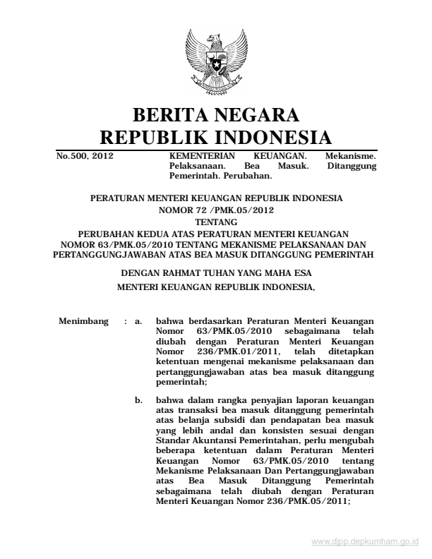 Peraturan Menteri Keuangan Nomor 72/PMK.05/2012