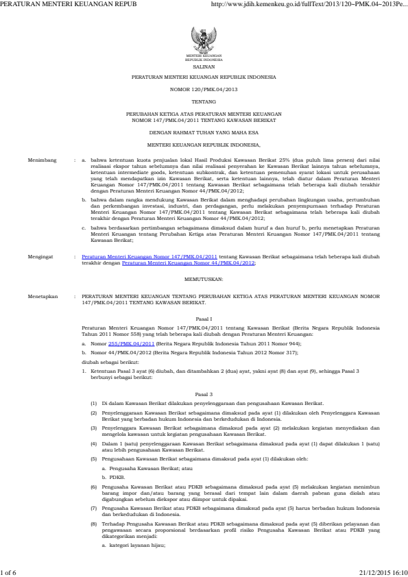 Peraturan Menteri Keuangan Nomor 120/PMK.04/2013