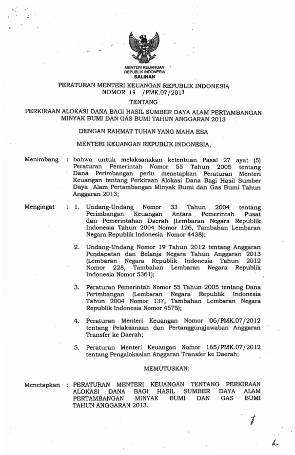 Peraturan Menteri Keuangan Nomor 19/PMK.07/2013