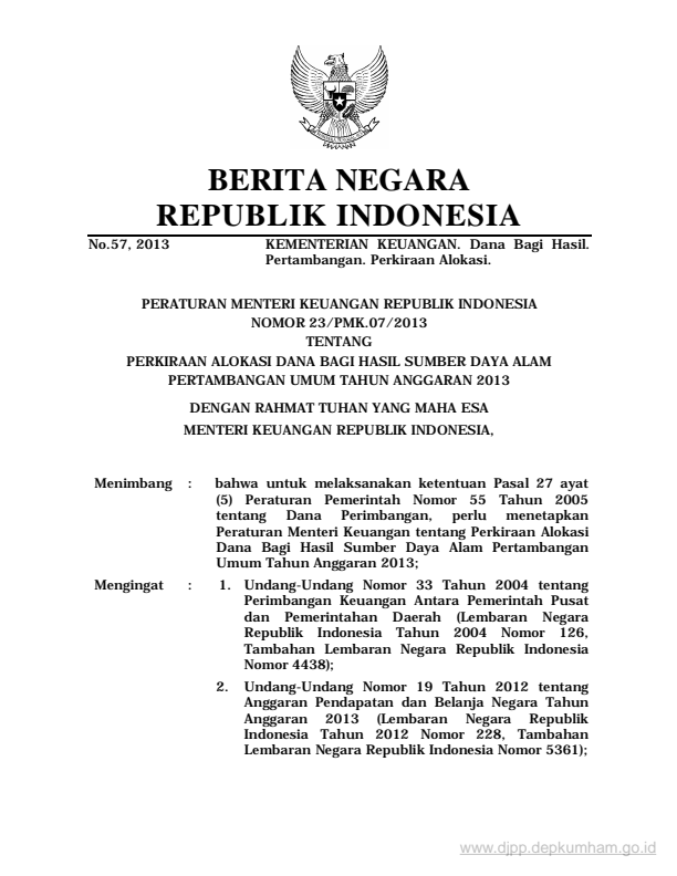 Peraturan Menteri Keuangan Nomor 23/PMK.07/2013