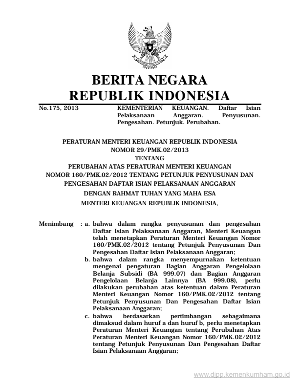 Peraturan Menteri Keuangan Nomor 29/PMK.02/2013