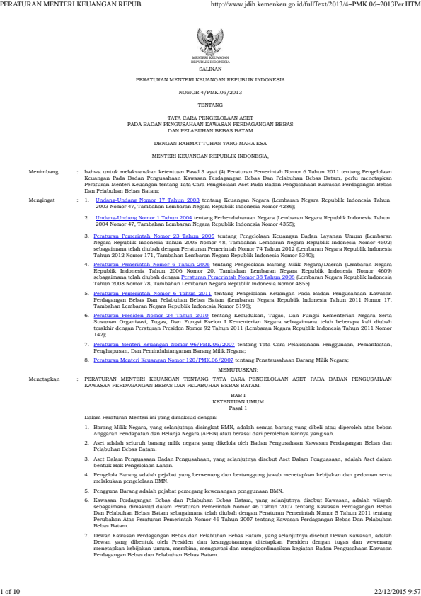 Peraturan Menteri Keuangan Nomor 4/PMK.06/2013