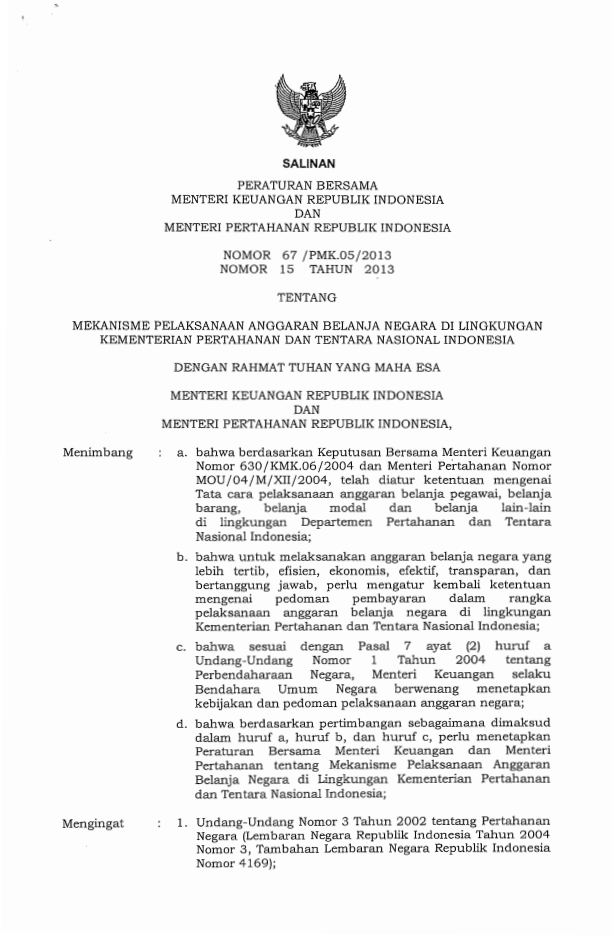 Peraturan Menteri Keuangan Nomor 67/PMK.05/2013