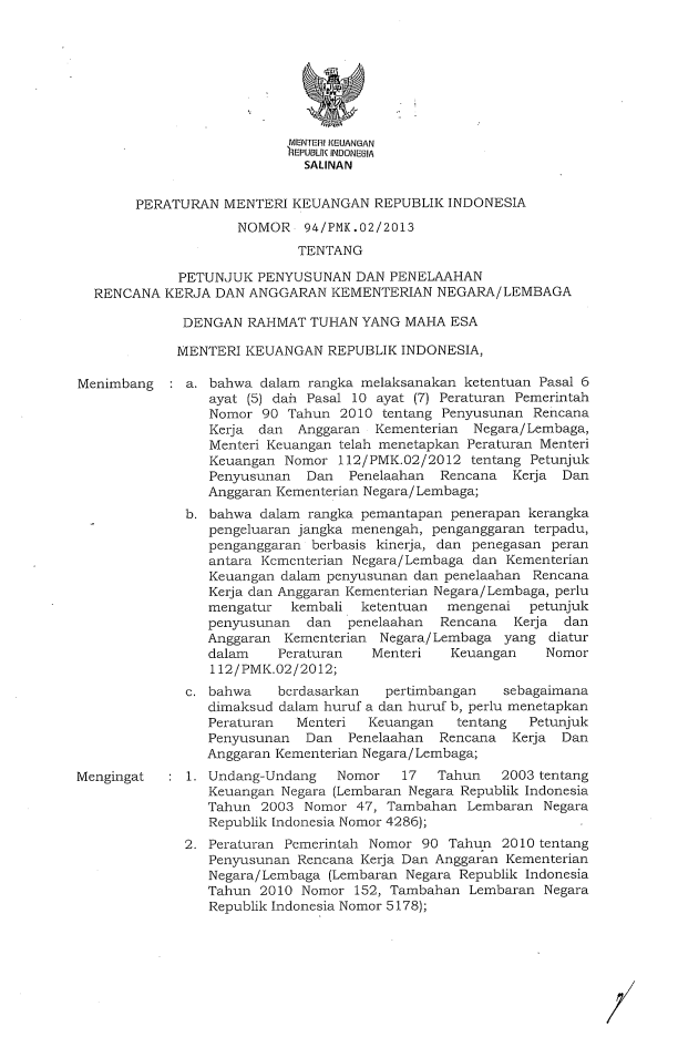 Peraturan Menteri Keuangan Nomor 94/PMK.02/2013
