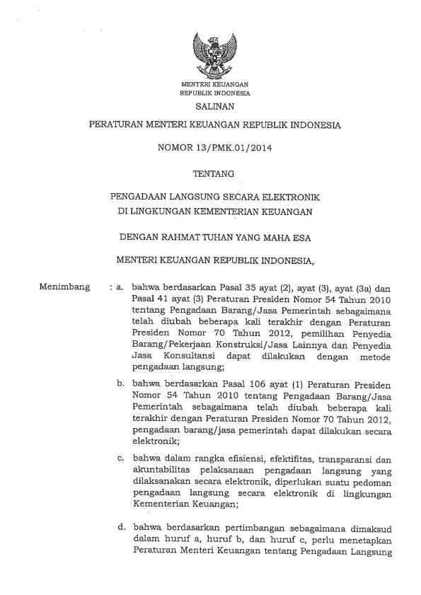 Peraturan Menteri Keuangan Nomor 13/PMK.01/2014