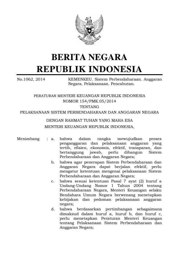 Peraturan Menteri Keuangan Nomor 154/PMK.05/2014