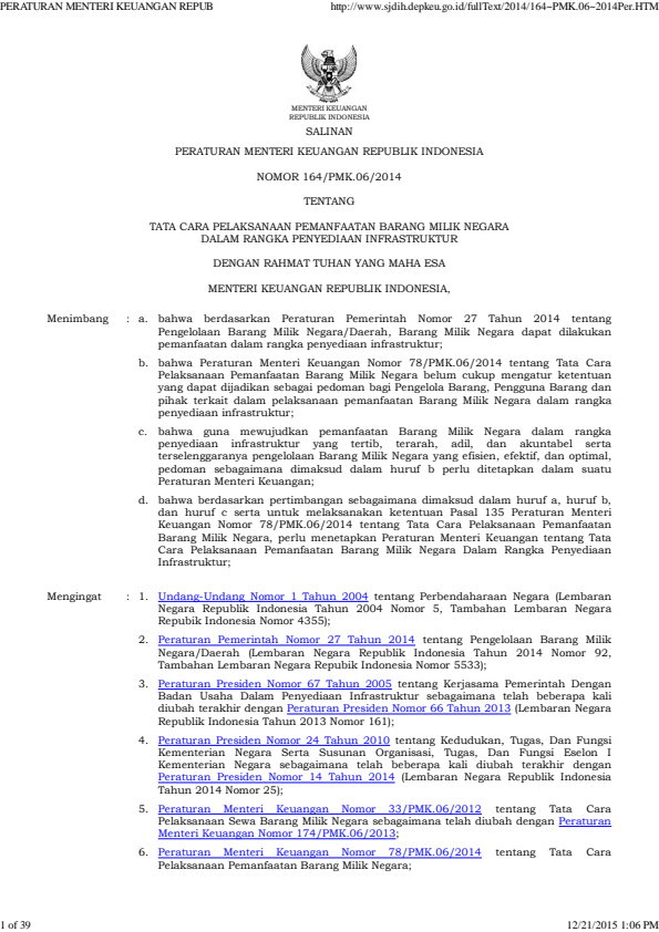 Peraturan Menteri Keuangan Nomor 164/PMK.06/2014