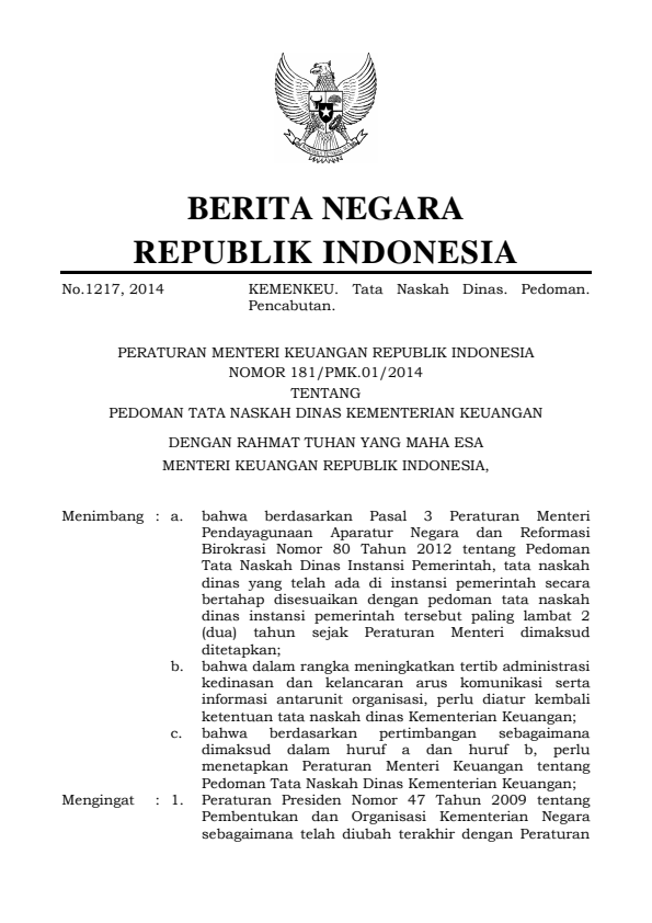 Peraturan Menteri Keuangan Nomor 181/PMK.01/2014