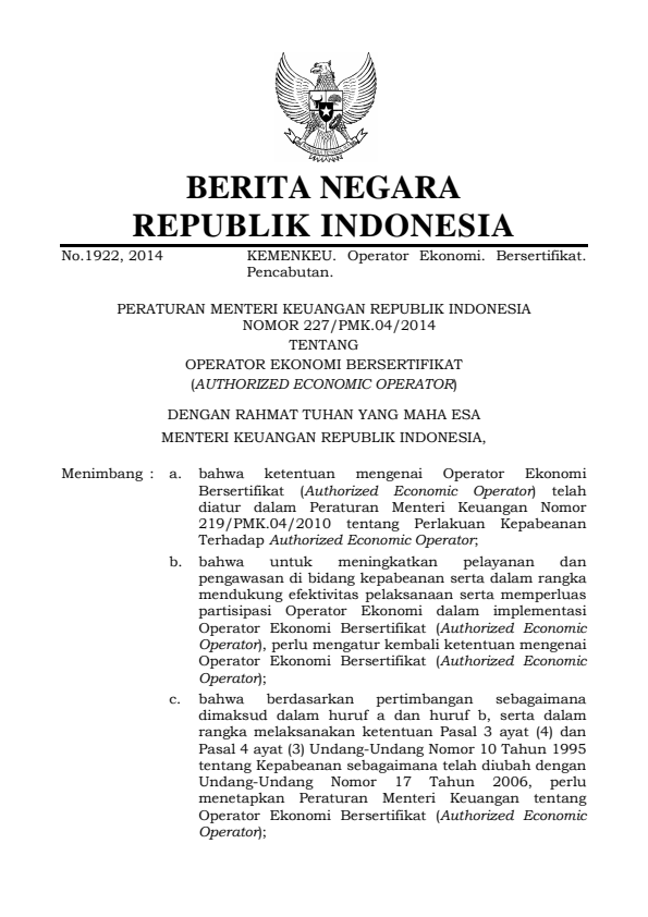 Peraturan Menteri Keuangan Nomor 227/PMK.04/2014