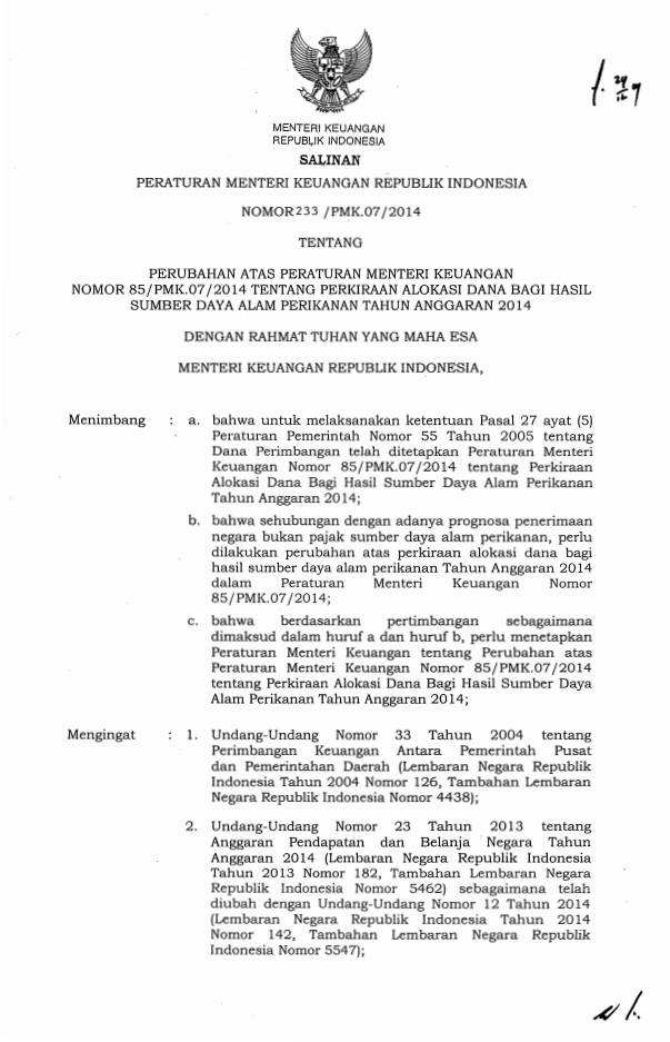Peraturan Menteri Keuangan Nomor 233/PMK.07/2014