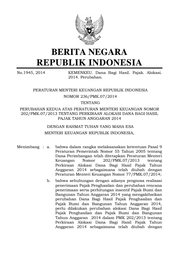 Peraturan Menteri Keuangan Nomor 236/PMK.07/2014