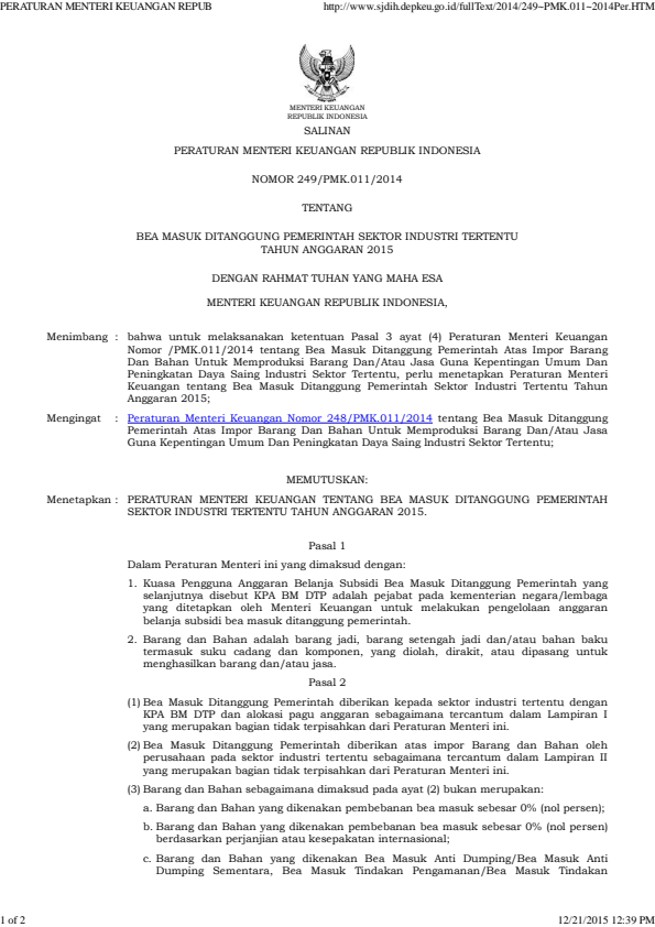 Peraturan Menteri Keuangan Nomor 249/PMK.011/2014