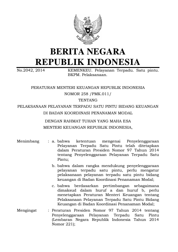 Peraturan Menteri Keuangan Nomor 258/PMK.011/2014