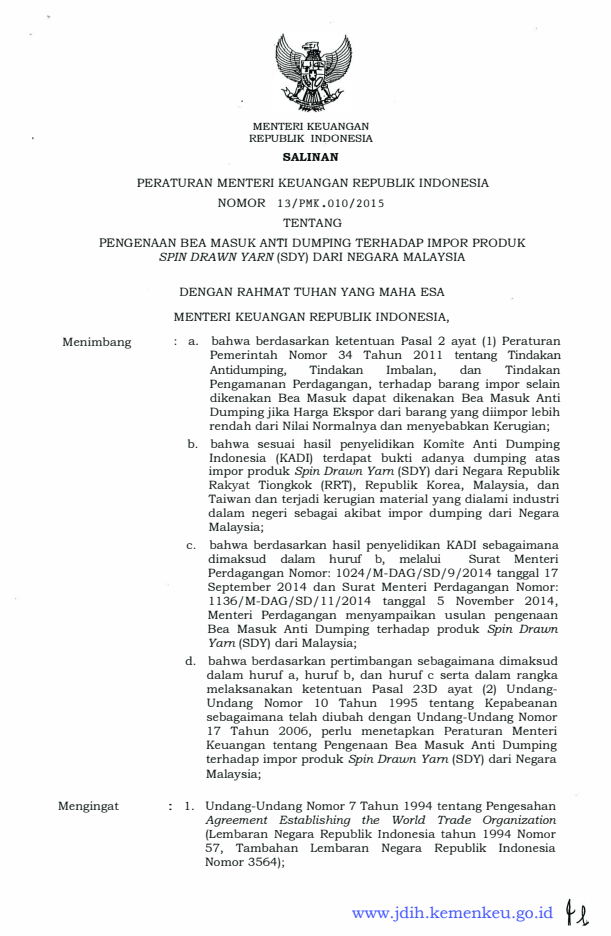 Peraturan Menteri Keuangan Nomor 13/PMK.010/2015