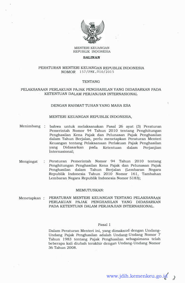 Peraturan Menteri Keuangan Nomor 157/PMK.010/2015