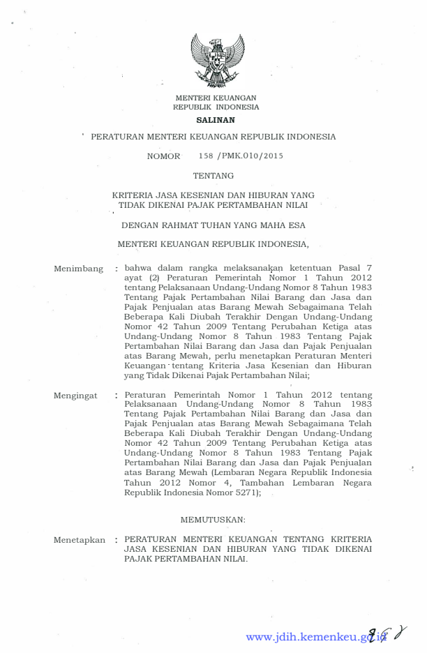 Peraturan Menteri Keuangan Nomor 158/PMK.010/2015