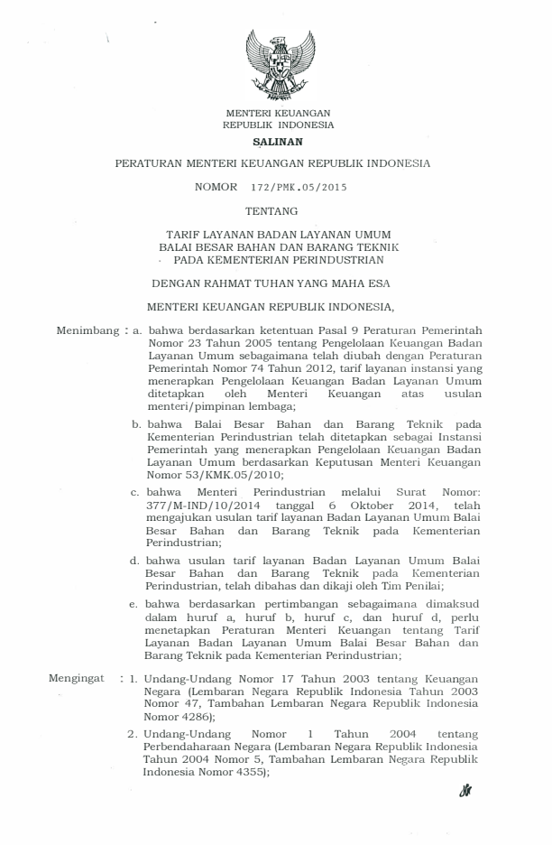 Peraturan Menteri Keuangan Nomor 172/PMK.05/2015
