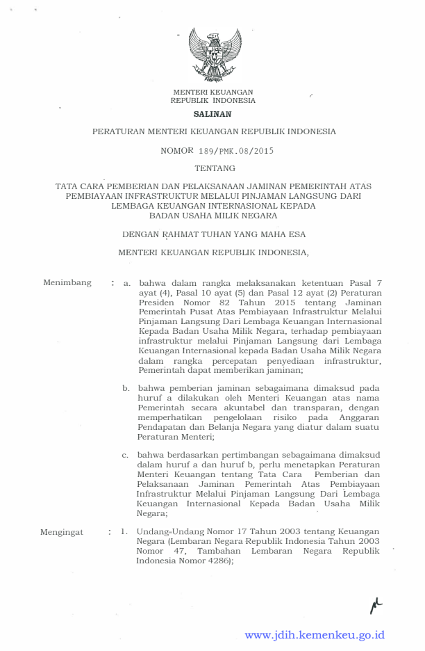 Peraturan Menteri Keuangan Nomor 189/PMK.08/2015