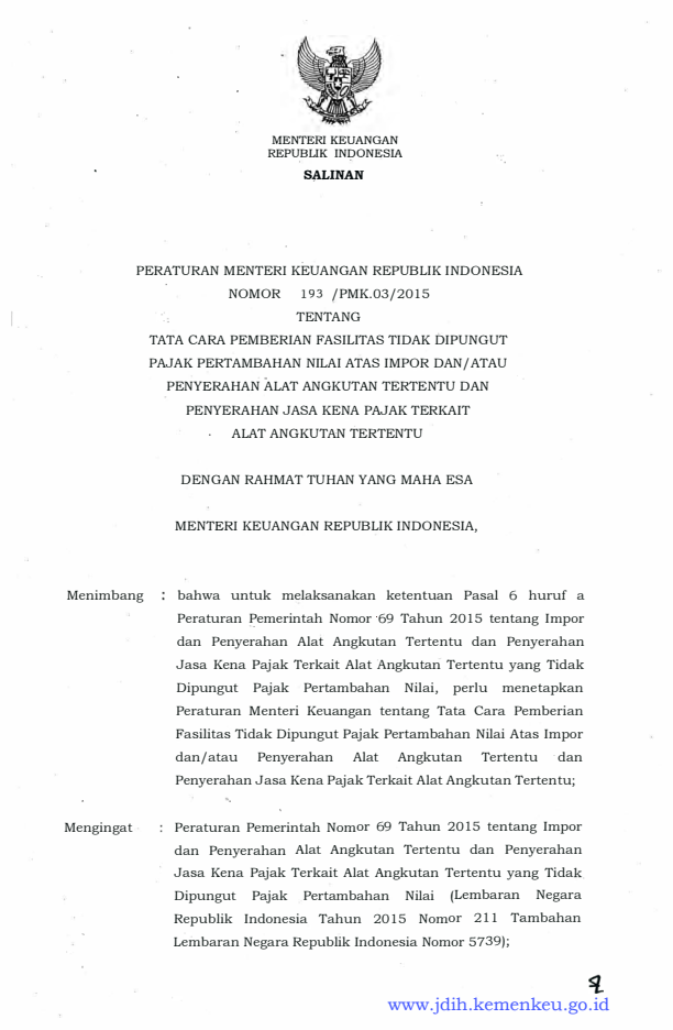 Peraturan Menteri Keuangan Nomor 193/PMK.03/2015