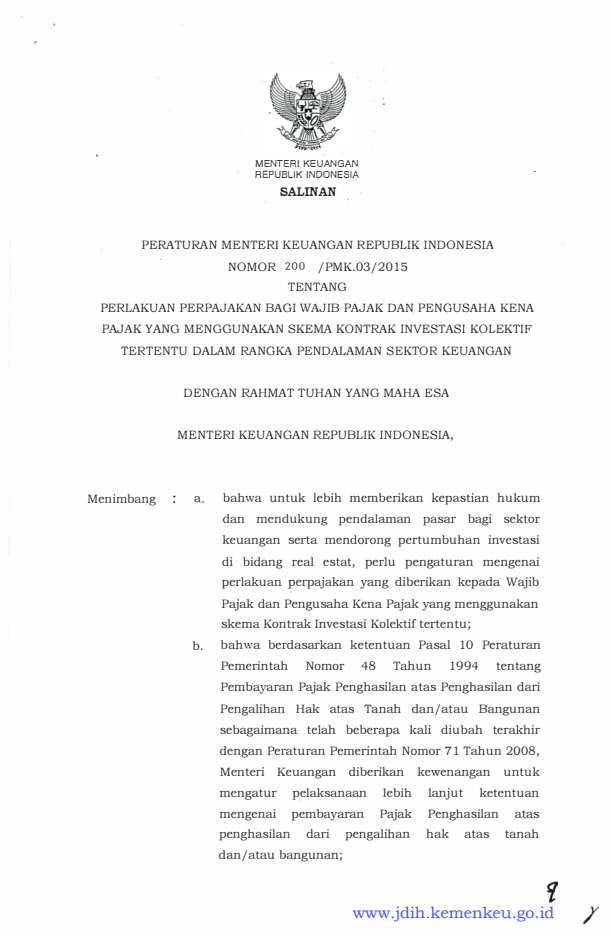 Peraturan Menteri Keuangan Nomor 200/PMK.03/2015