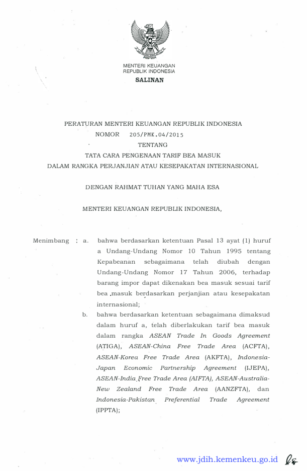Peraturan Menteri Keuangan Nomor 205/PMK.04/2015