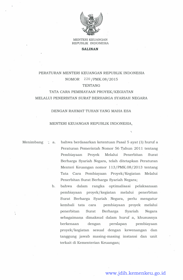 Peraturan Menteri Keuangan Nomor 220/PMK.08/2015