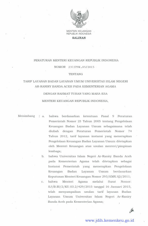 Peraturan Menteri Keuangan Nomor 237/PMK.05/2015
