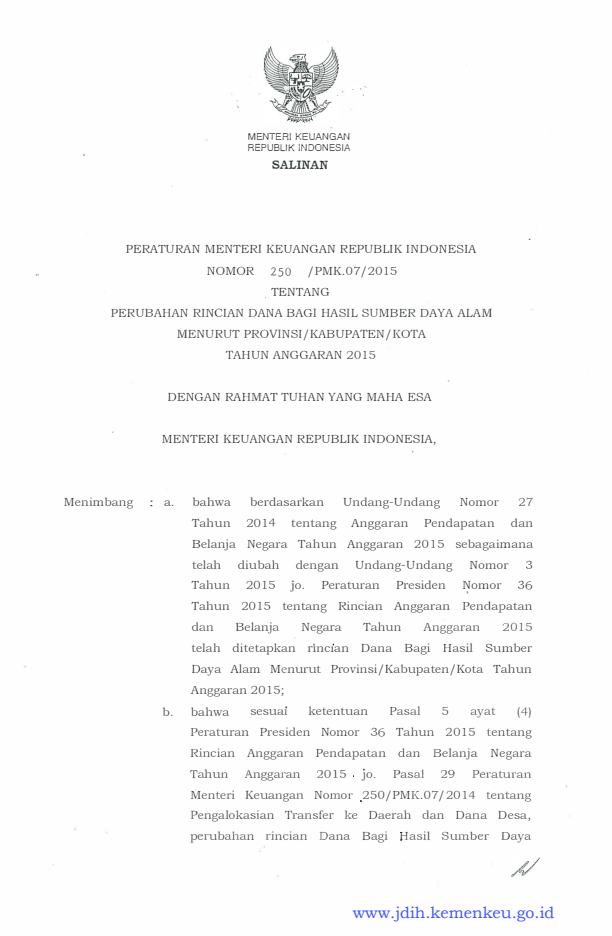 Peraturan Menteri Keuangan Nomor 250/PMK.07/2015