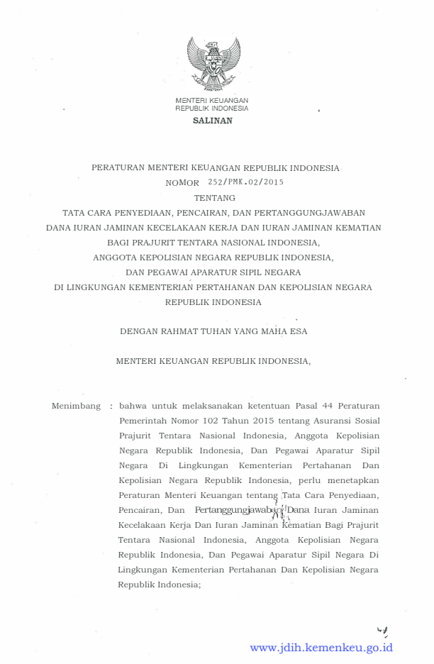 Peraturan Menteri Keuangan Nomor 252/PMK.02/2015