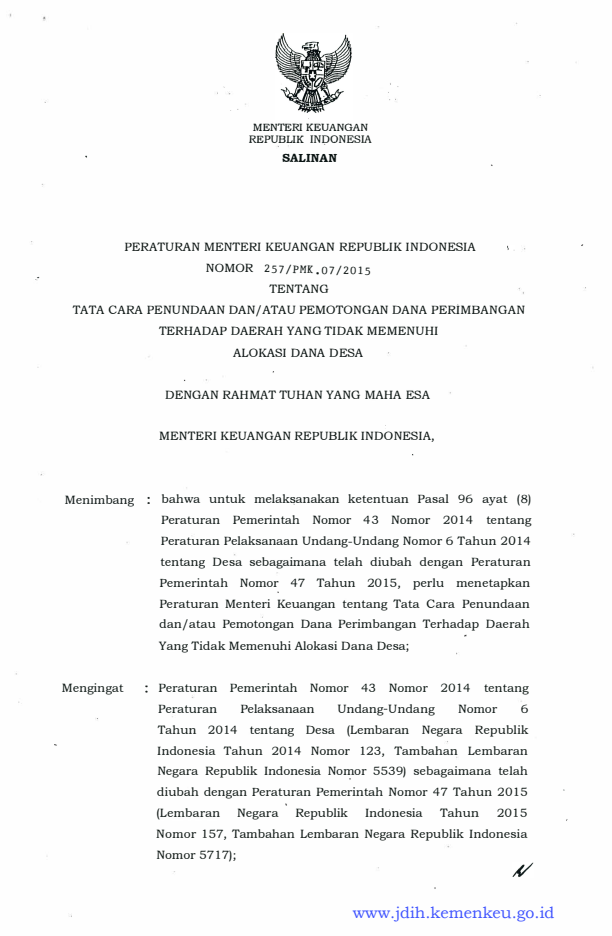 Peraturan Menteri Keuangan Nomor 257/PMK.07/2015