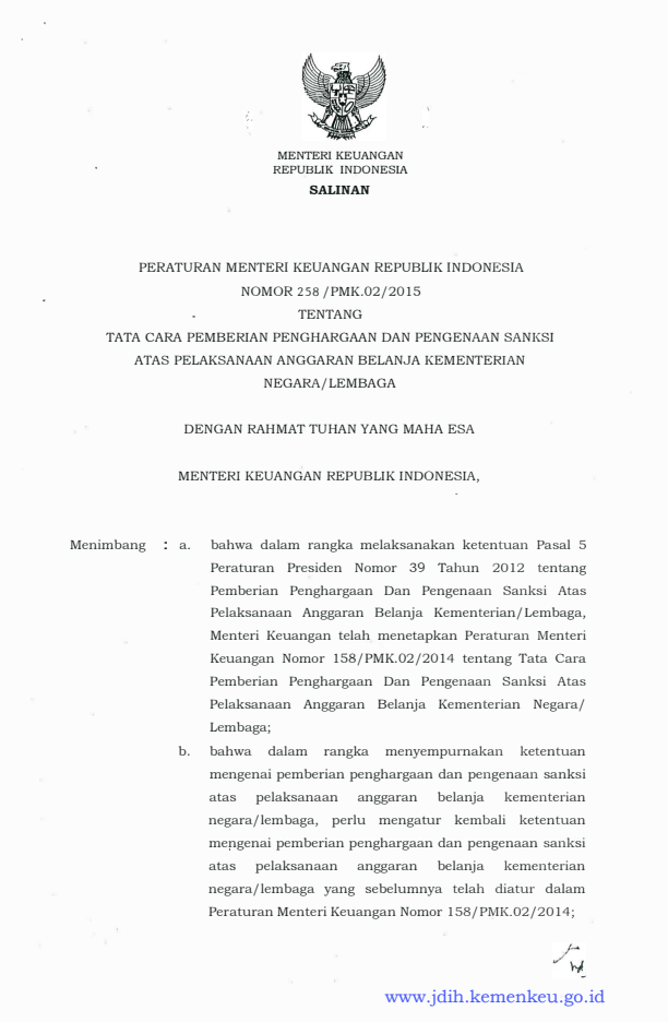 Peraturan Menteri Keuangan Nomor 258/PMK.02/2015