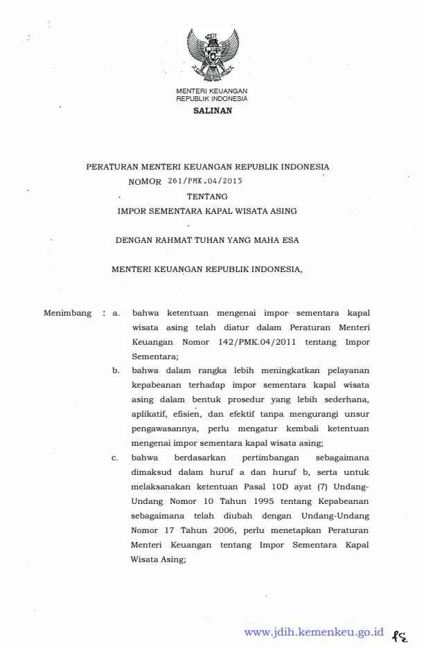 Peraturan Menteri Keuangan Nomor 261/PMK.04/2015