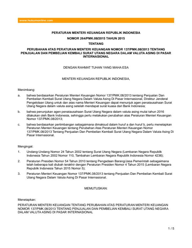 Peraturan Menteri Keuangan Nomor 264/PMK.08/2015
