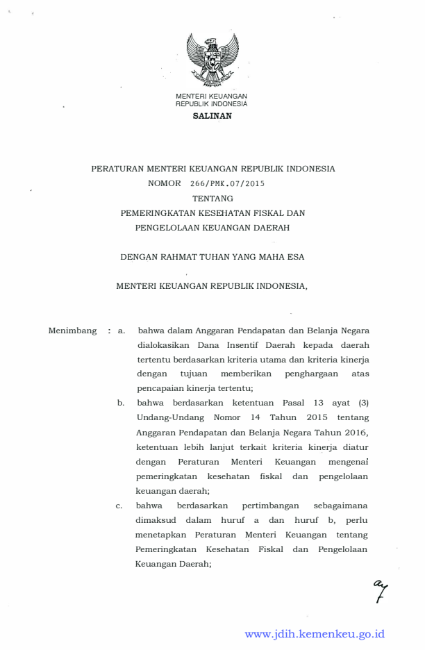 Peraturan Menteri Keuangan Nomor 266/PMK.07/2015