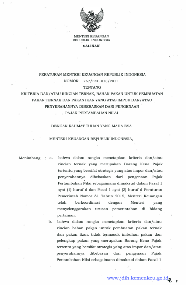 Peraturan Menteri Keuangan Nomor 267/PMK.010/2015