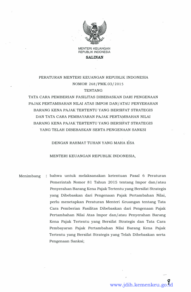 Peraturan Menteri Keuangan Nomor 268/PMK.03/2015