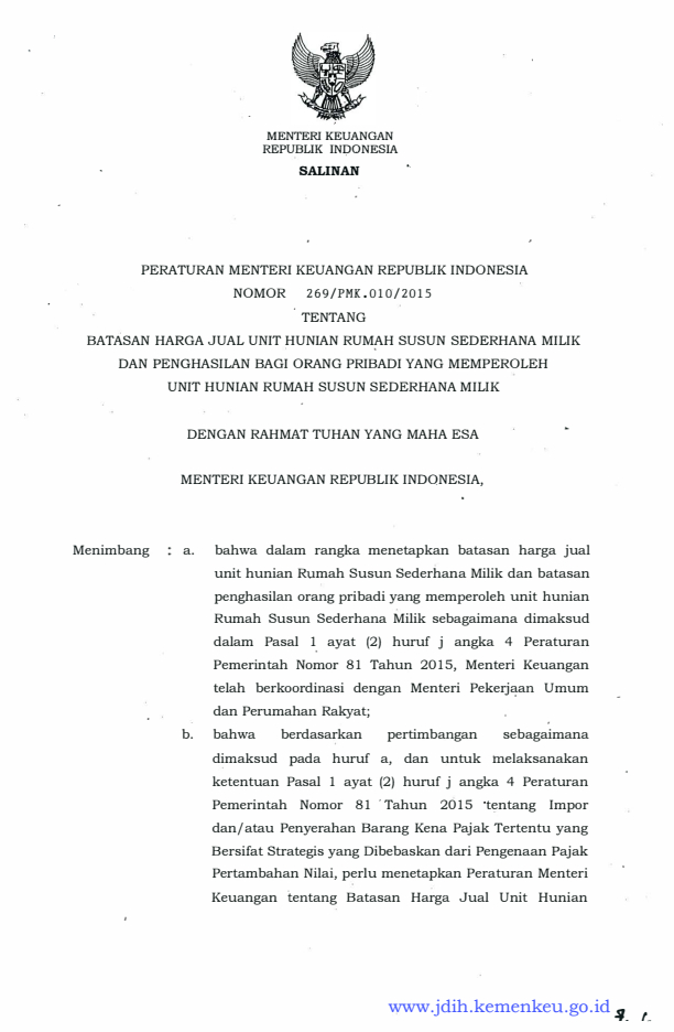 Peraturan Menteri Keuangan Nomor 269/PMK.010/2015
