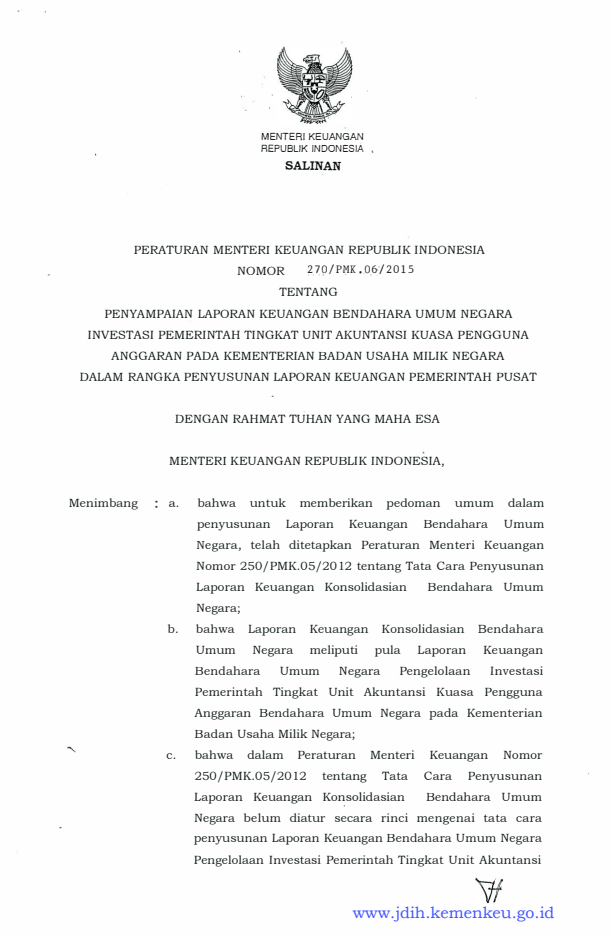 Peraturan Menteri Keuangan Nomor 270/PMK.06/2015