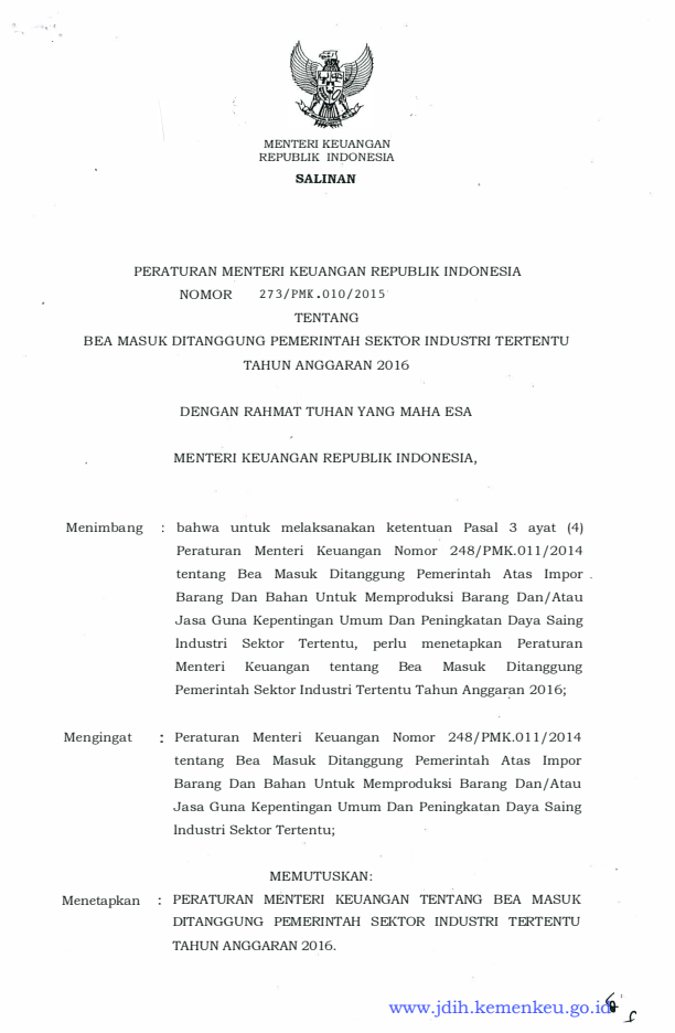 Peraturan Menteri Keuangan Nomor 273/PMK.010/2015