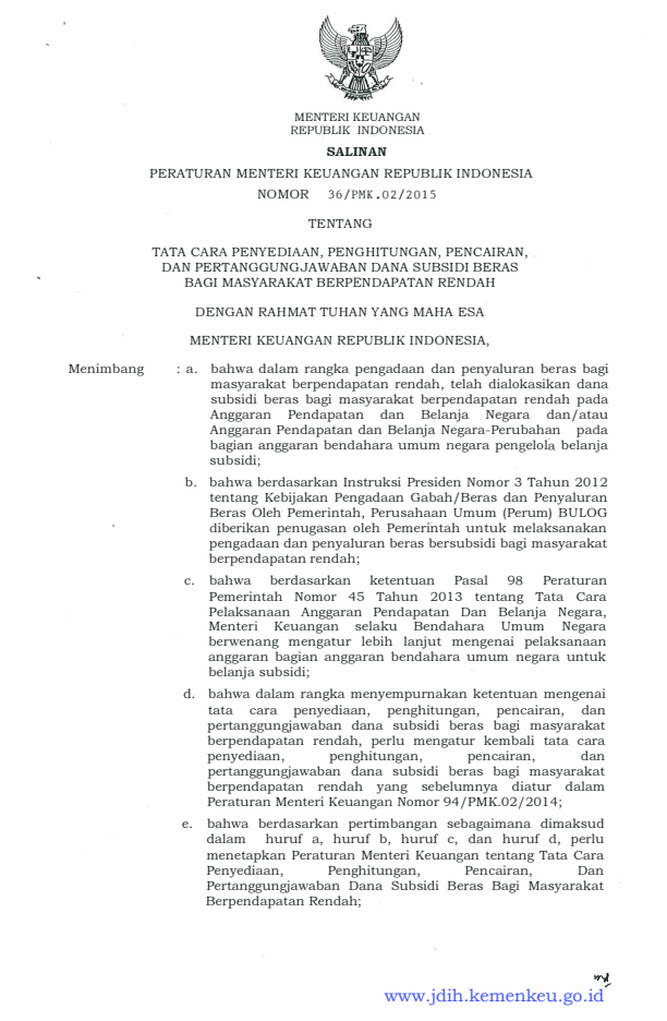 Peraturan Menteri Keuangan Nomor 36/PMK.02/2015
