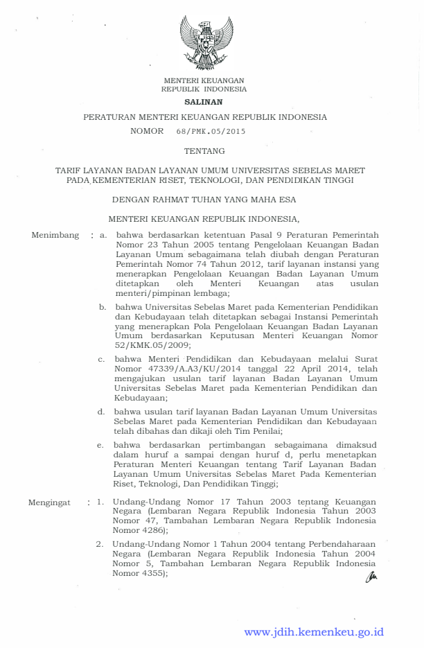 Peraturan Menteri Keuangan Nomor 68/PMK.05/2015