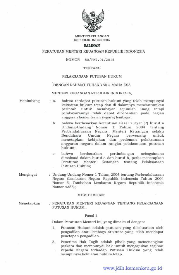 Peraturan Menteri Keuangan Nomor 80/PMK.01/2015